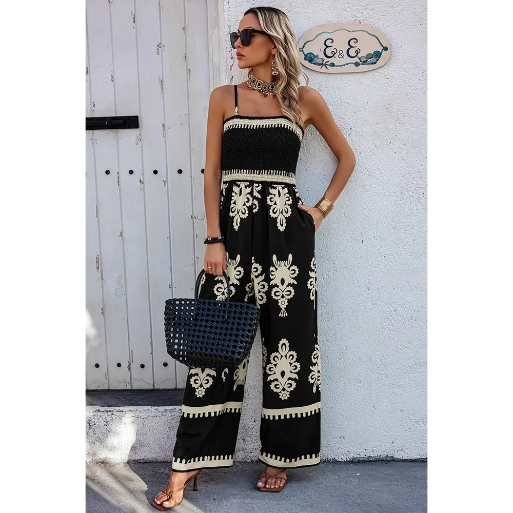 Black Boho Off Shoulder Ruched Printed High Waist Wide Leg Jumpsuit Size S-2X - Picture 2 of 6